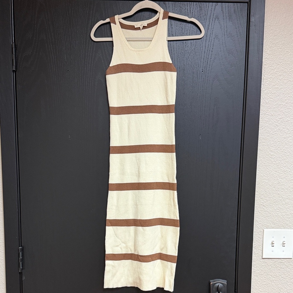 Endless Blu Striped Cream and‎ Brown Sleeveless Dress Small
